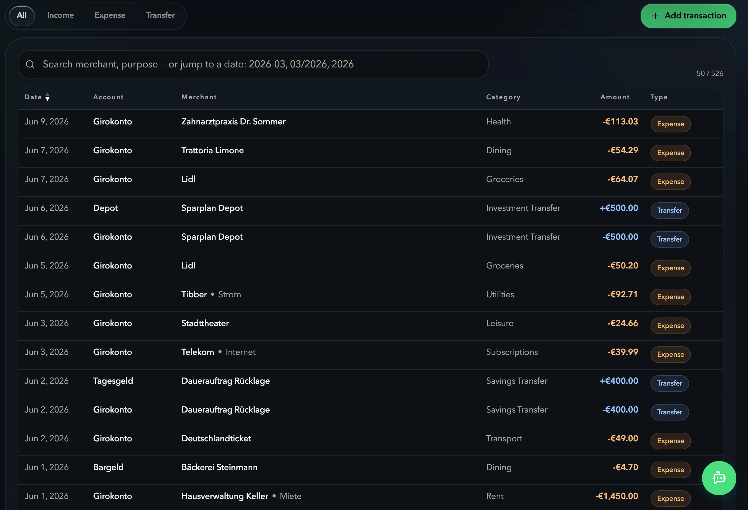The FinD transaction ledger with color-coded categories and amounts
